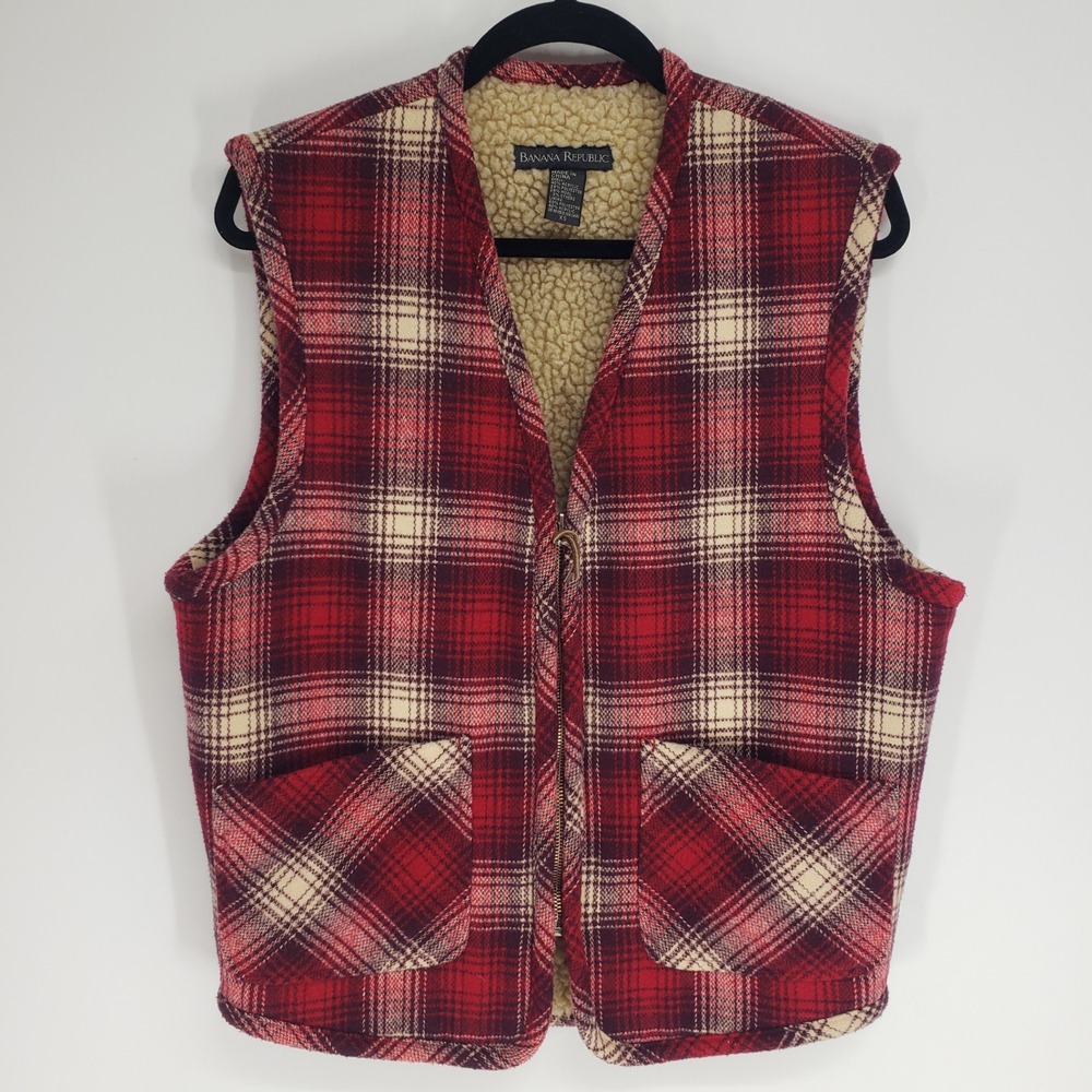Vintage 90s Banana Republic Plaid Sherpa Lined Vest Men Size XS Red Wool Zip Up